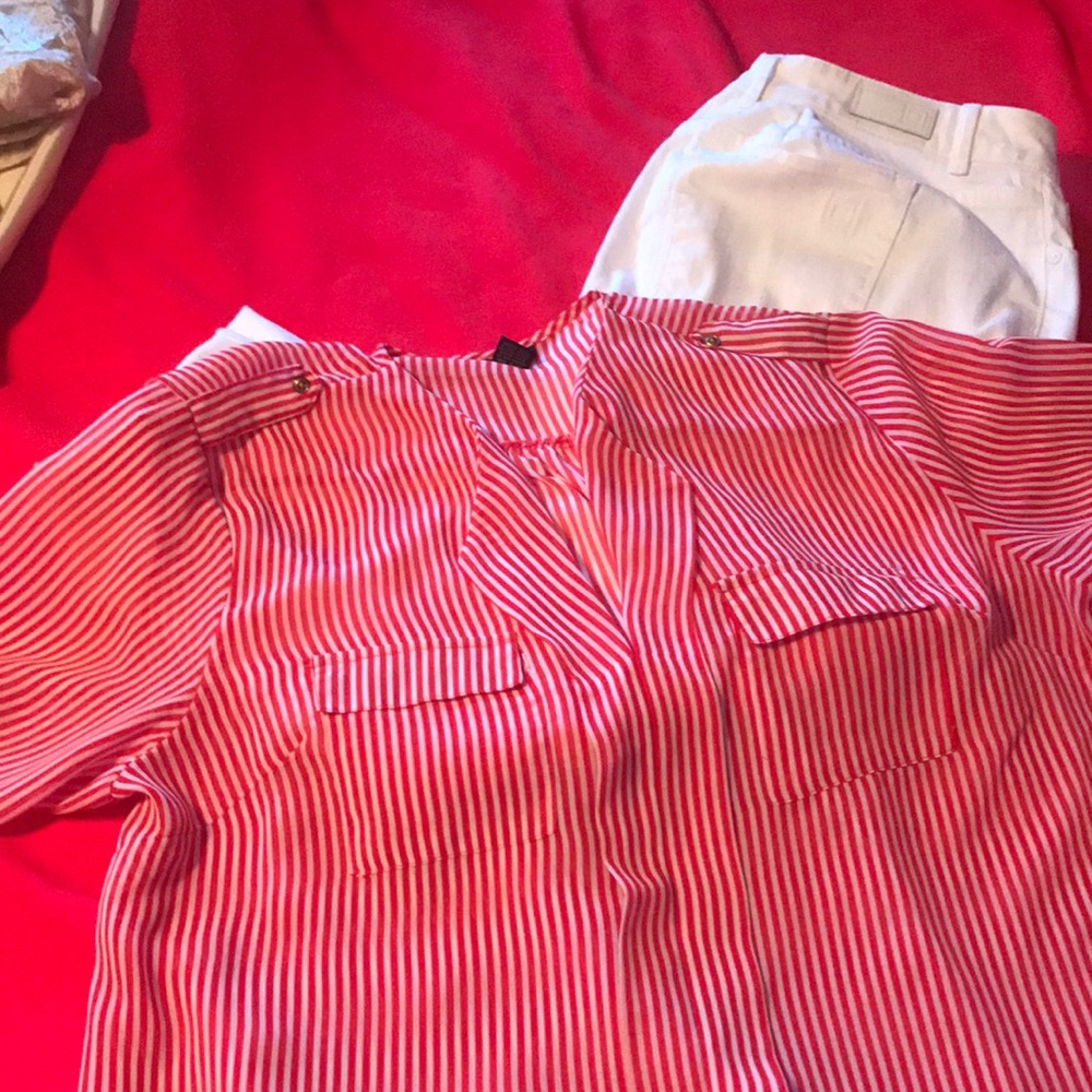 Sheer red & white stripe blouse